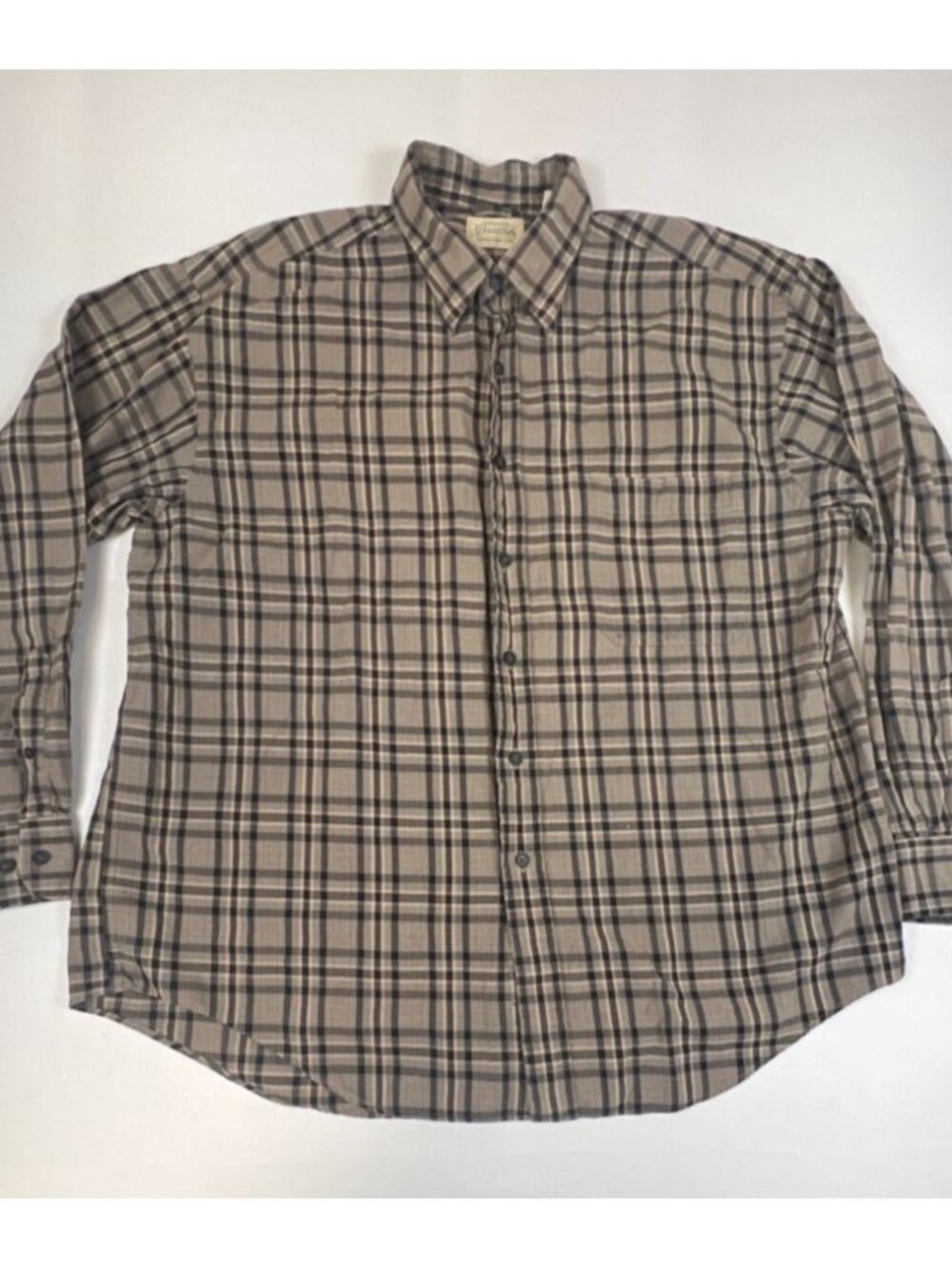 St. John's Bay Men Large Plaid Flannel Shirt Brown Black Gray Cotton Vintage